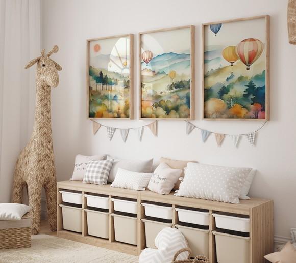 Kit 3 Quadros Decorativo Moldura Boho Balão Berçário Bebê A3