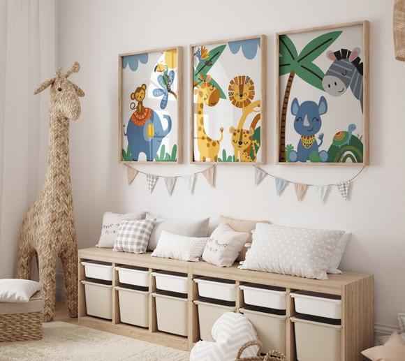 Kit 3 Quadros Decorativos Moldura Bebe Safari Animal A3