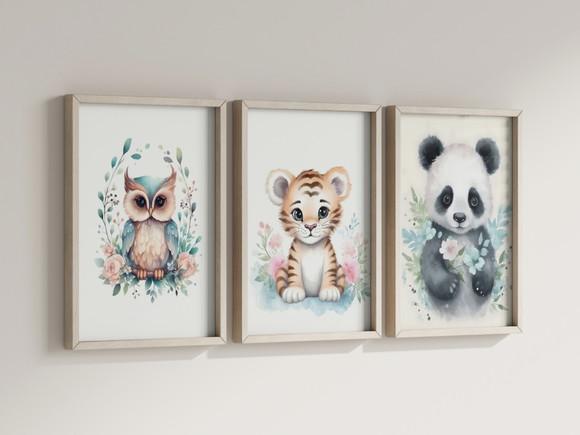 Kit 3 Quadros Decorativo Moldura Coruja Onça Panda Fofo