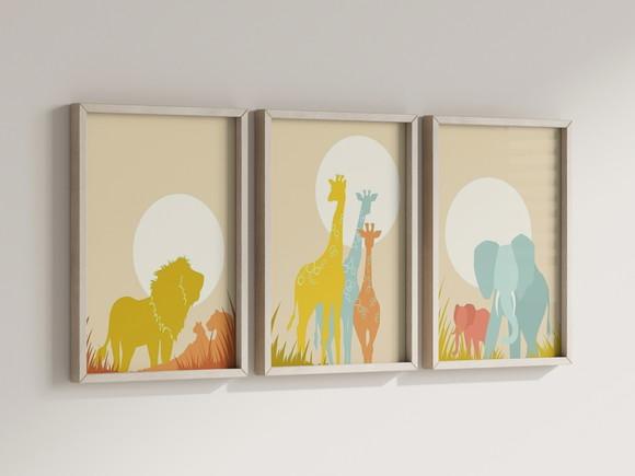 Kit 3 Quadros Decorativos Moldura Safari Infantil