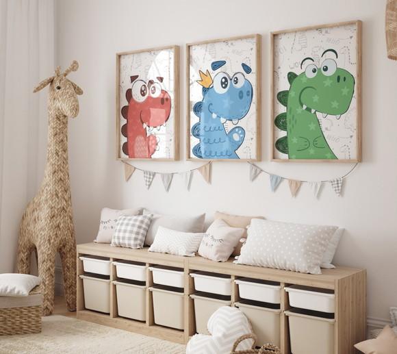 Kit 3 Quadros Decorativo Moldura Dino Baby Fofinho A3