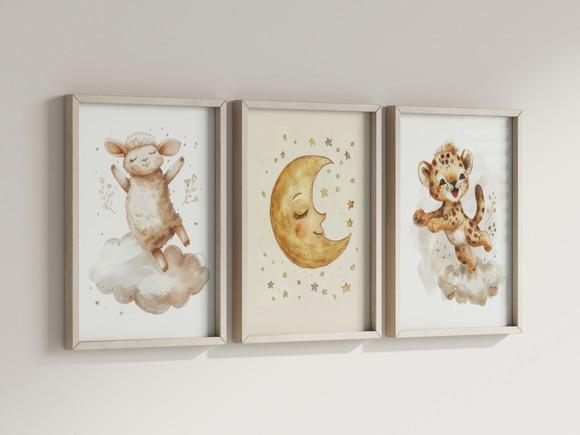 Kit 3 Quadros Decorativo Moldura Ovelha Lua Onça