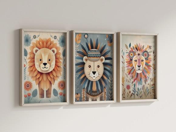 Kit 3 Quadros Decorativo Moldura Leão Fofo Maternidade