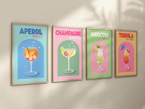 Kit 4 Quadros Decorativos Moldura Drinks Bebidas Coquetel