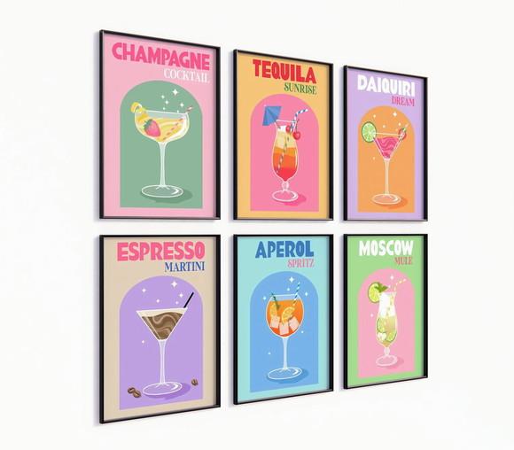 Kit 6 Quadros Decorativos Moldura Drinks Bebidas Coquetel