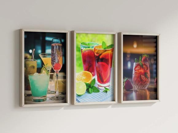 Kit 3 Quadros Decorativos Moldura Drinks Bebidas Coquetel c