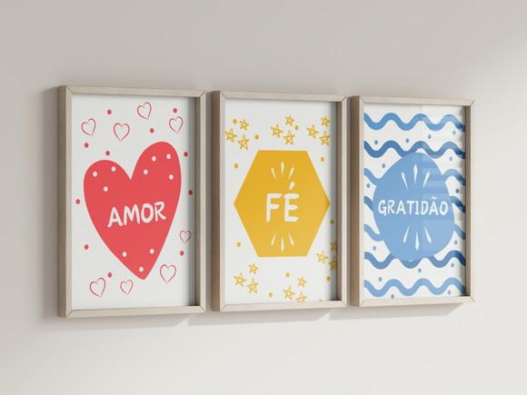 Kit 3 Quadros Decorativo Moldura Amor Fé Gratidão A4