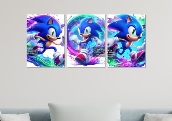 Kit 3 Placas Quadros Decorativos Sonic Aquarela Premium