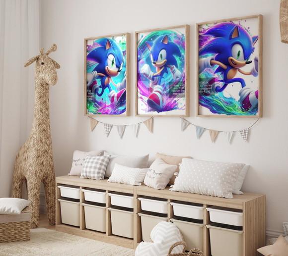 Kit 3 Quadros Decorativos Moldura Sonic Aquarela Grande A3