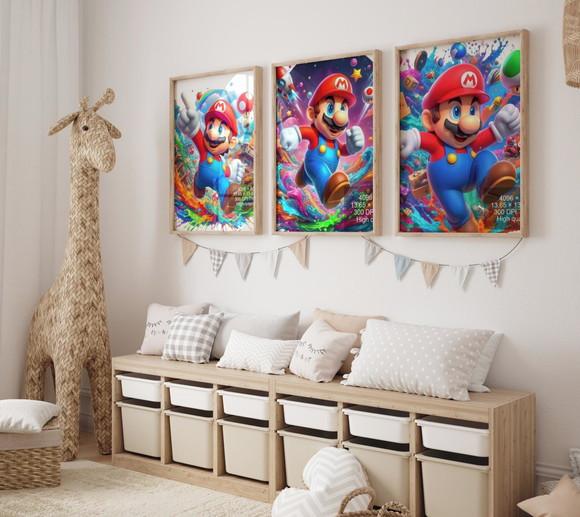 Kit 3 Quadros Decorativos Moldura Mario Personagens Arte A3