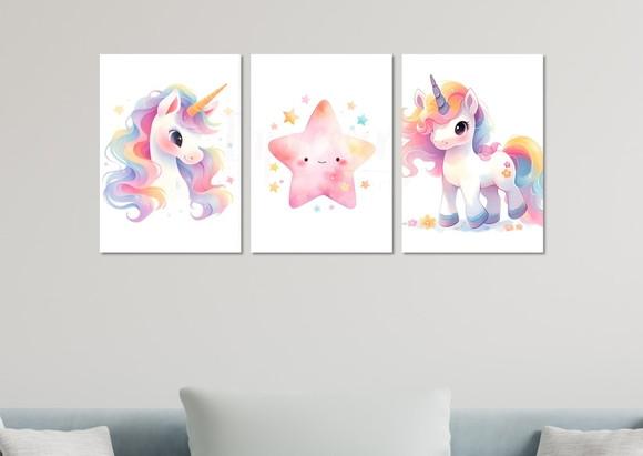 Kit 3 Placas Decorativas Quadro Unicórnio Infantil Decorar
