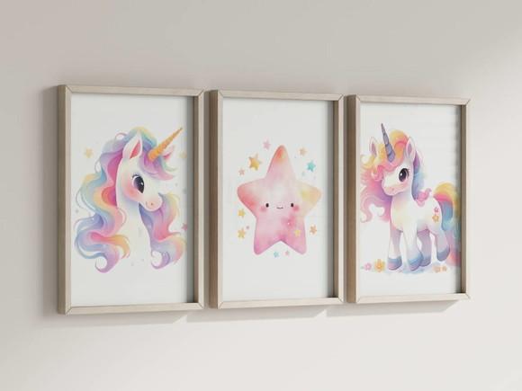Kit 3 Quadros Decorativos Moldura Unicórnio Infantil Decorar