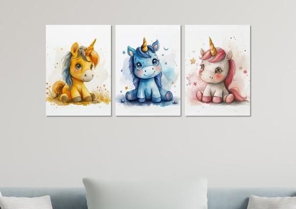 Kit 3 Placas Decorativas Quadro Unicórnio Infantil Decoração