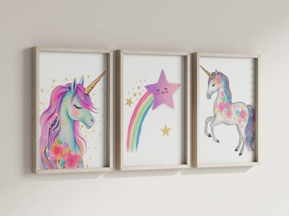 Kit 3 Quadros Decorativos Moldura Unicórnio