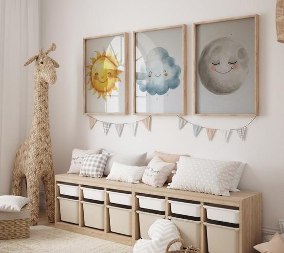 Kit 3 Quadros Decorativos Moldura Sol Nuvem Lua A3