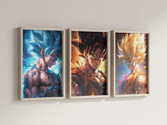 Kit 3 Quadros Decorativos Moldura Dragon Ball Goku
