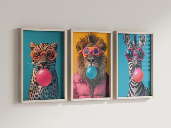 Kit 3 Quadros Decorativos Moldura Animais Arte Moderna