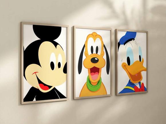 Kit 3 Quadros Decorativos Moldura Mickey Pluto Donald