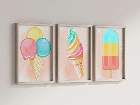 Kit 3 Quadros Decorativos Moldura Sorvete Casquinha B