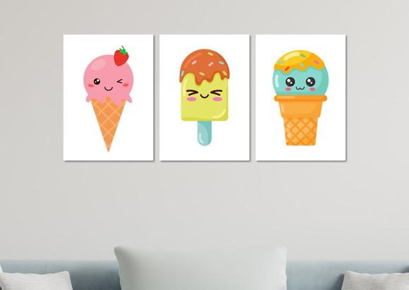 Kit 3 Placas Quadros Decorativos Sorvete Casquinha Arte c
