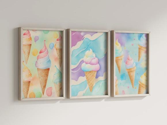 Kit 3 Quadros Decorativos Moldura Sorvete Casquinha c