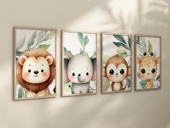 Kit 4 Quadros Decorativos Moldura Bebe Safari Animal Feliz