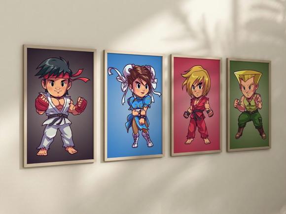 Kit 4 Quadros Decorativos Moldura Street Fighter