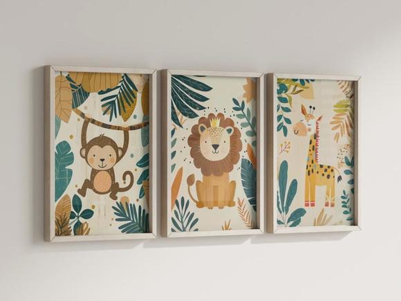 Kit 3 Quadros Decorativos Moldura Bebe Safari Animal Feliz e