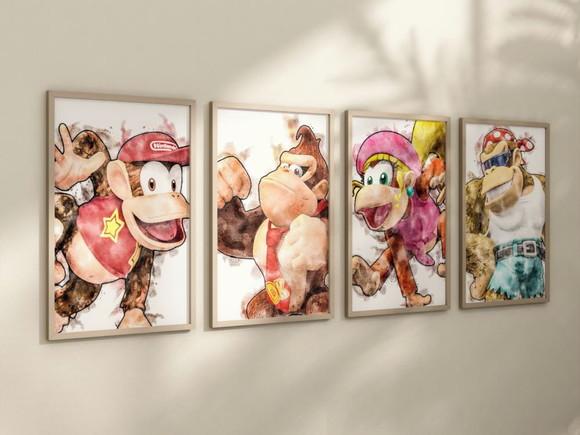 Kit 4 Quadros Decorativos Moldura Donkey Kong Snes