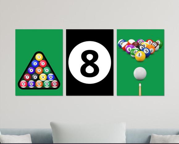 Kit 3 Placas Quadros Decorativos Bilhar Sinuca Sala Jogos