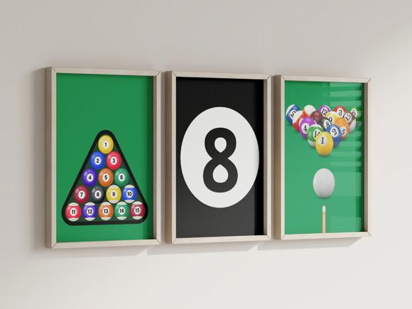 Kit 3 Quadros Decorativos Moldura Sinuca Bilhar Sala de Jogo