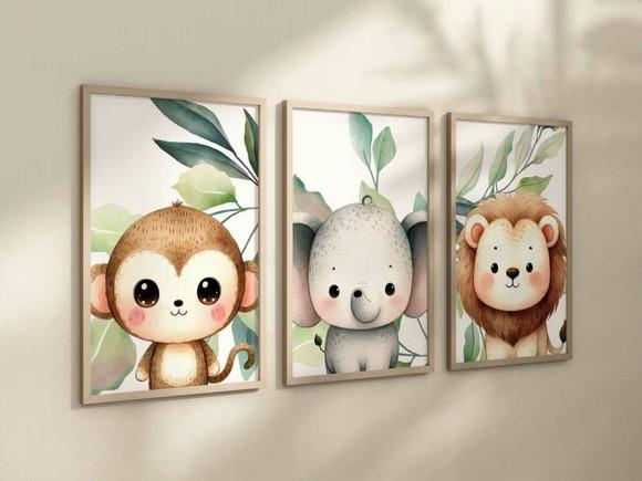 Kit 3 Quadros Decorativos Moldura Bebe Safari Animal Feliz
