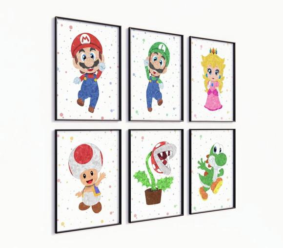 Kit 6 Quadros Decorativos Moldura Mario Personagens Arte B