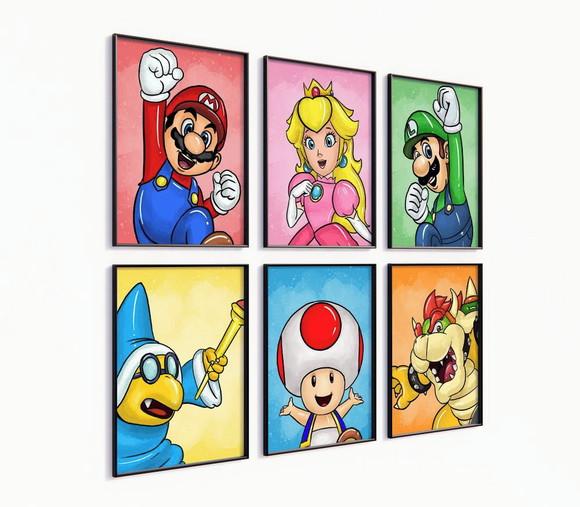 Kit 6 Quadros Decorativos Moldura Mario Personagens Arte F