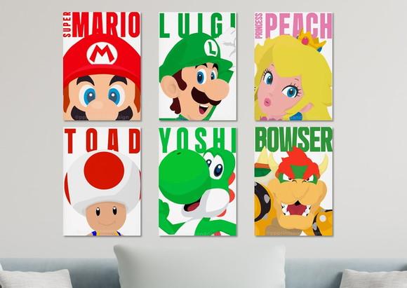 Kit 6 Placas Quadros Decorativos Mario Personagens Premium