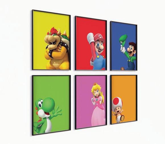 Kit 6 Quadros Decorativos Moldura Mario Personagens Arte D