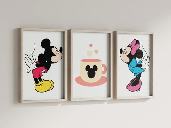Kit 3 Quadros Decorativos Moldura Mickey Minnie Café Cozinha
