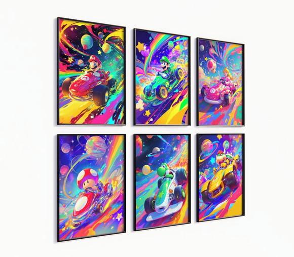 Kit 6 Quadros Decorativos Moldura Mario Kart Corrida Arte