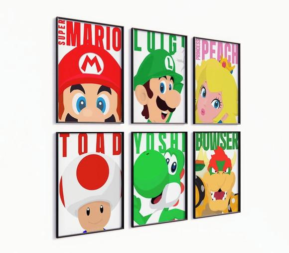 Kit 6 Quadros Decorativos Moldura Mario Personagens Arte c