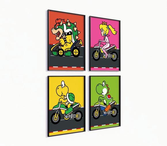 Kit 4 Quadros Decorativos Moldura Mario Kart Arte