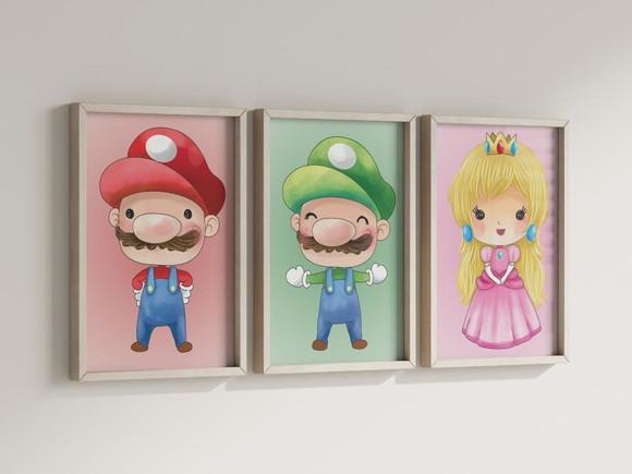 Kit 3 Quadros Decorativos Moldura Mario Luigi Peach Aquarela