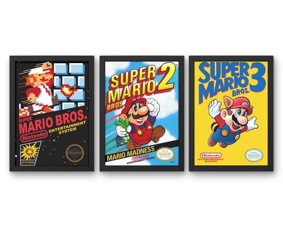 Kit 3 Quadros Decorativos Moldura Mario 1,2,3 Nintendinho