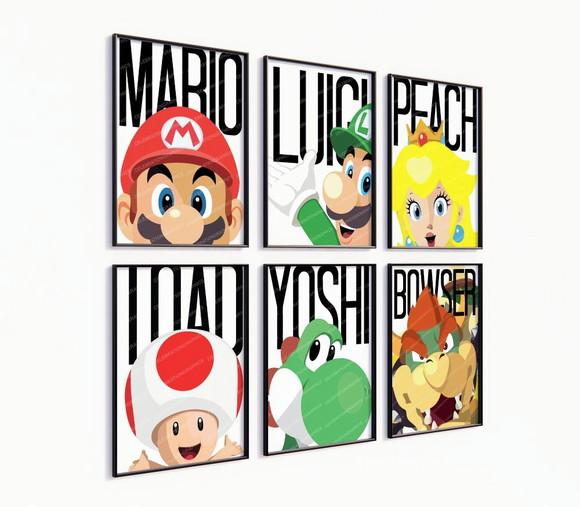 Kit 6 Quadros Decorativos Moldura Mario Personagens Arte