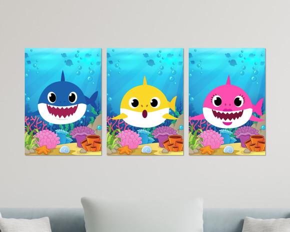 Kit 3 Placas Decorativas Quadro Baby Shark Azul Amarelo Rosa