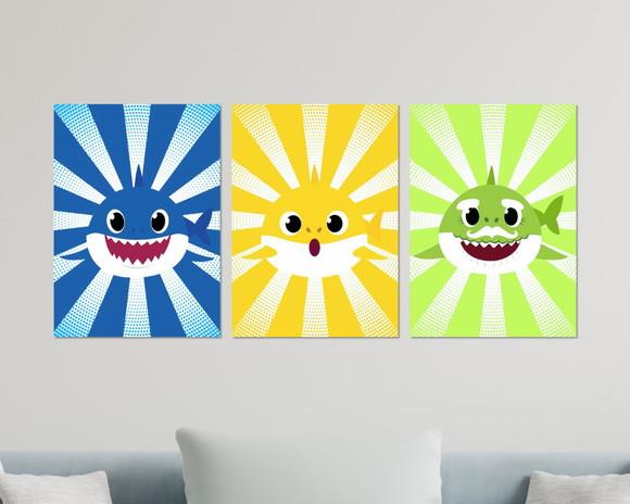 Kit 3 Placas Decorativas Baby Shark Azul Amarelo Verde