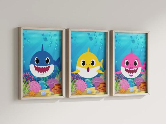 Kit 3 Quadros Decorativos Moldura Baby Shark Azul Amare Rosa