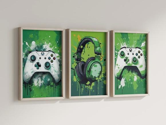 Kit 3 Quadros Decorativos Moldura Xbox Decoração Verde