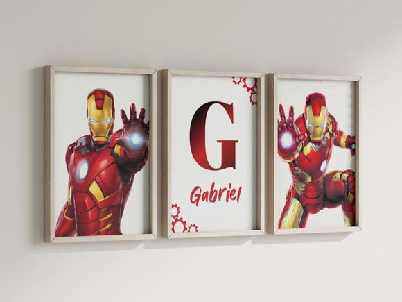 Kit 3 Quadros Decorativos Moldura Homem de Ferro Personaliza