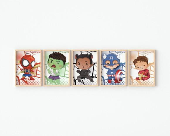 Kit 5 Quadros Decorativos Moldura Super-heróis Baby