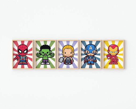 Kit 5 Quadros Decorativos Moldura Vingadores Superheróis Bab
